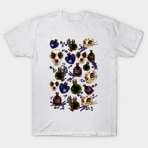 Spell Jars Cat Skulls and Herbs in Orange T-Shirt by JJLosh